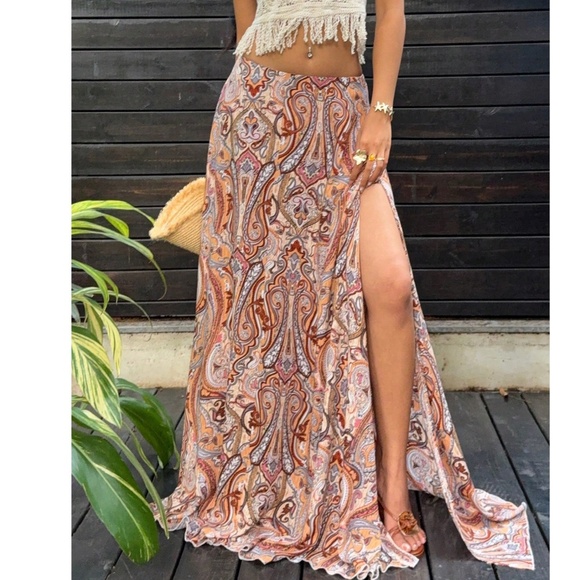 Boho paisley Print Split thigh Maxi Skirt - Picture 1 of 8